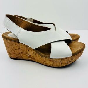 Clarks Caslynn Shae white cork platform wedge sandals. Women’s size 9.